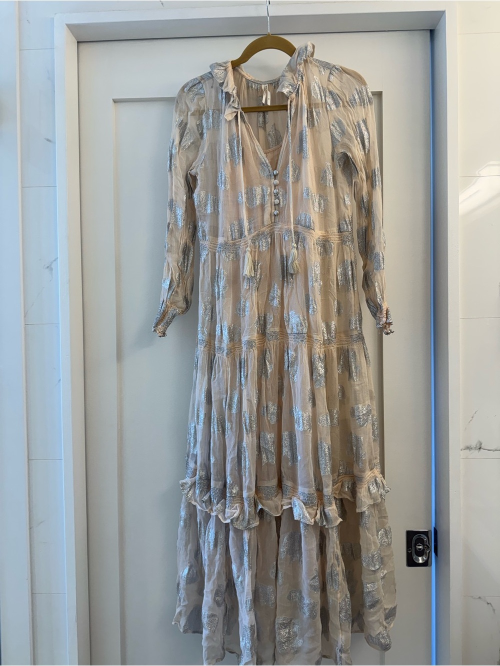 Anthropologie Light Pink Dress with Silver Metallic Print